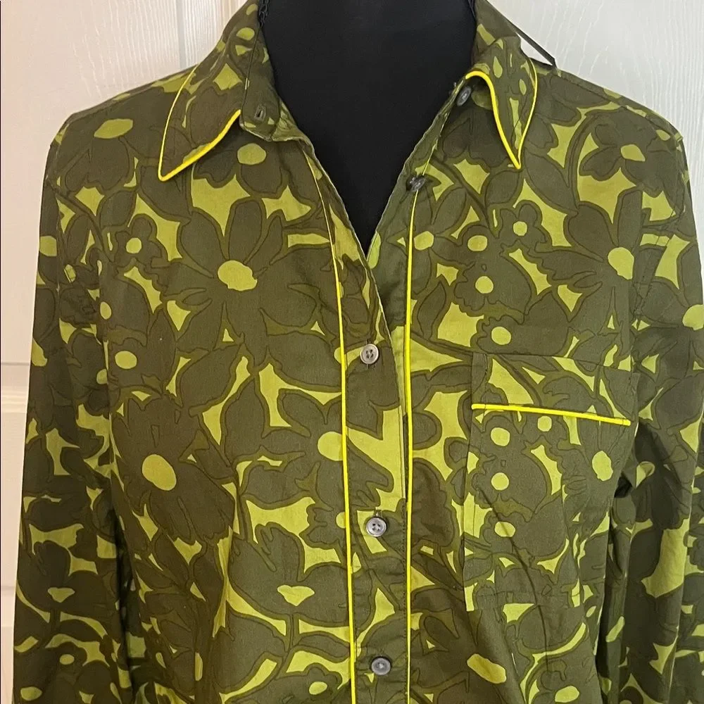J Crew Reimagined Camo Flower Olive Green Women’s Button Down Yellow Small NW